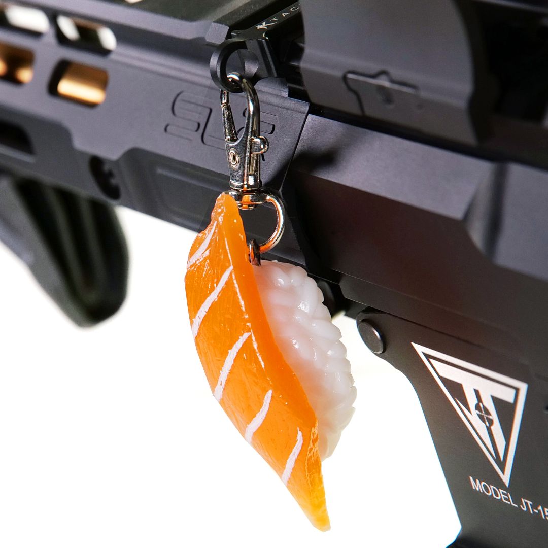 Salmon Sushi Charm Gun PVC Keychain for Airsoft Gear Waifu Weeb